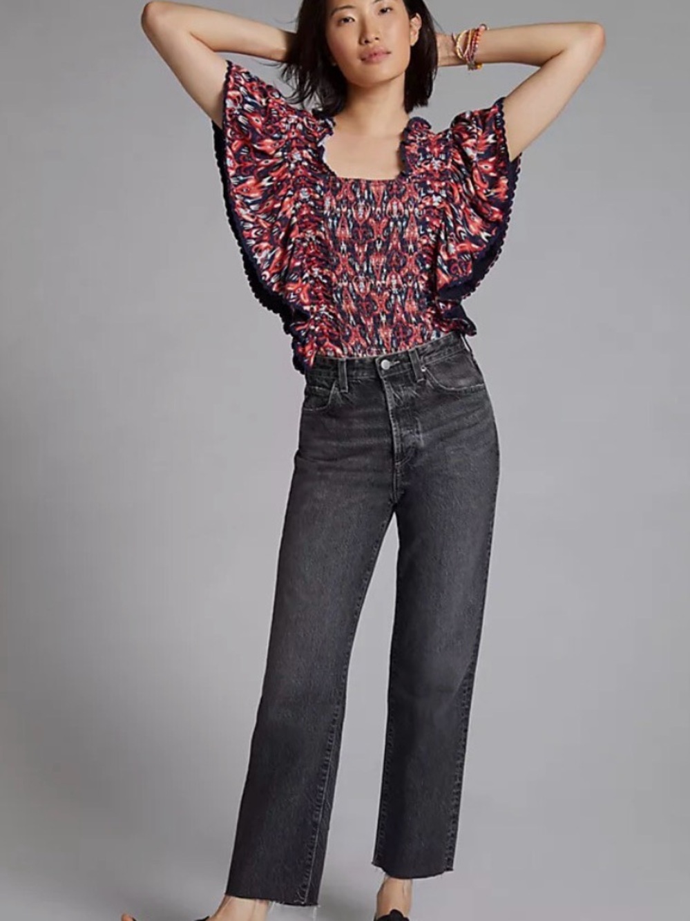 Anthropologie Let Me Be Smocked Red & Navy Floral Crop Top